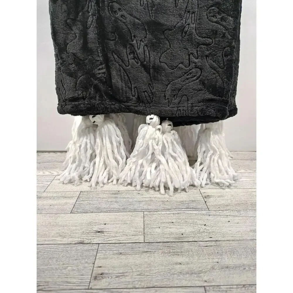 Ghost & Host 50X60 Black Plush Throw Embossed Tassel Ghosts Design NWT